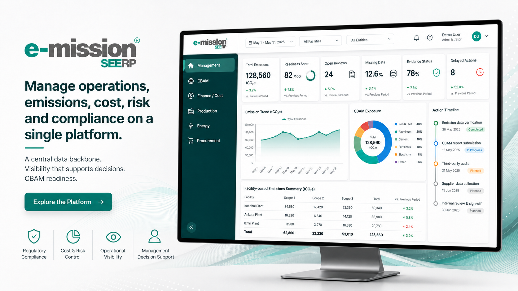 e-mission SEERP operations, emissions and CBAM management screen