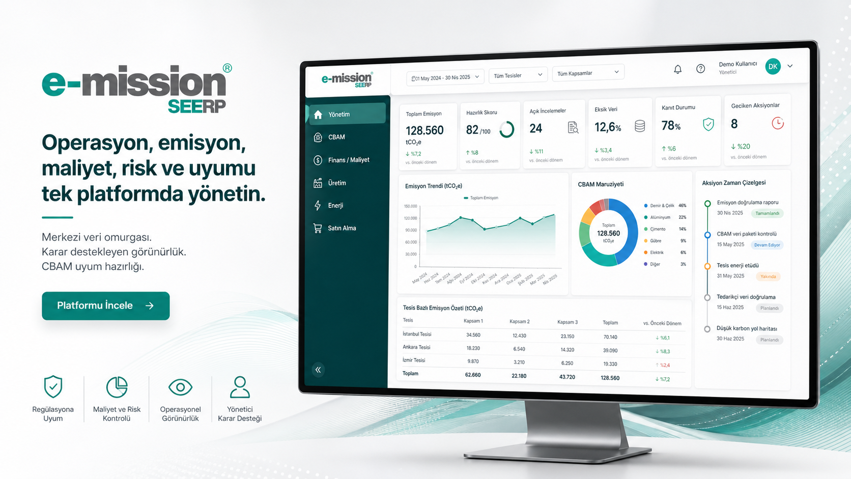 e-mission SEERP operasyon, emisyon ve CBAM y&ouml;netim ekranı